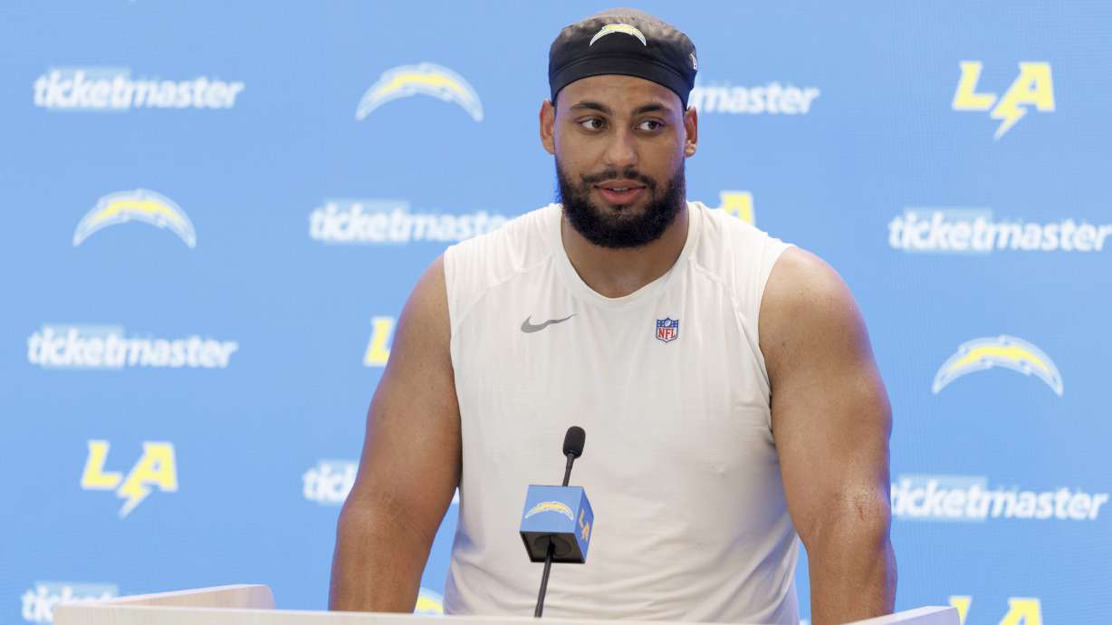 Los Angeles Chargers offensive tackle Rashawn Slater speaks during a press conference after an NFL training camp Monday, July 28, 2025, in El Segundo, Calif.