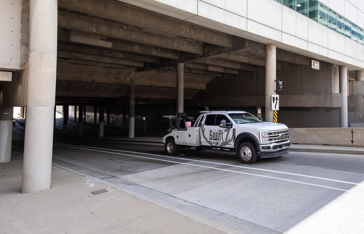 A vehicle travels along 200 West underneath the Salt Palace Convention Center in Salt Lake City on Thursday. How the road continues underneath the convention center is somewhat similar to Utah Department of Transportation's proposed solution for traffic on 300 West outside of the Delta Center.