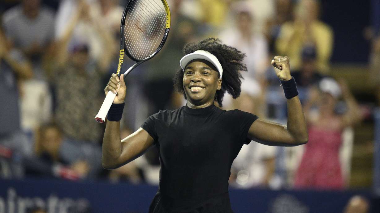 Venus Williams celebrates her win over Peyton Stearns during a match at the Citi Open tennis tournament Tuesday, July 22, 2025, in Washington.