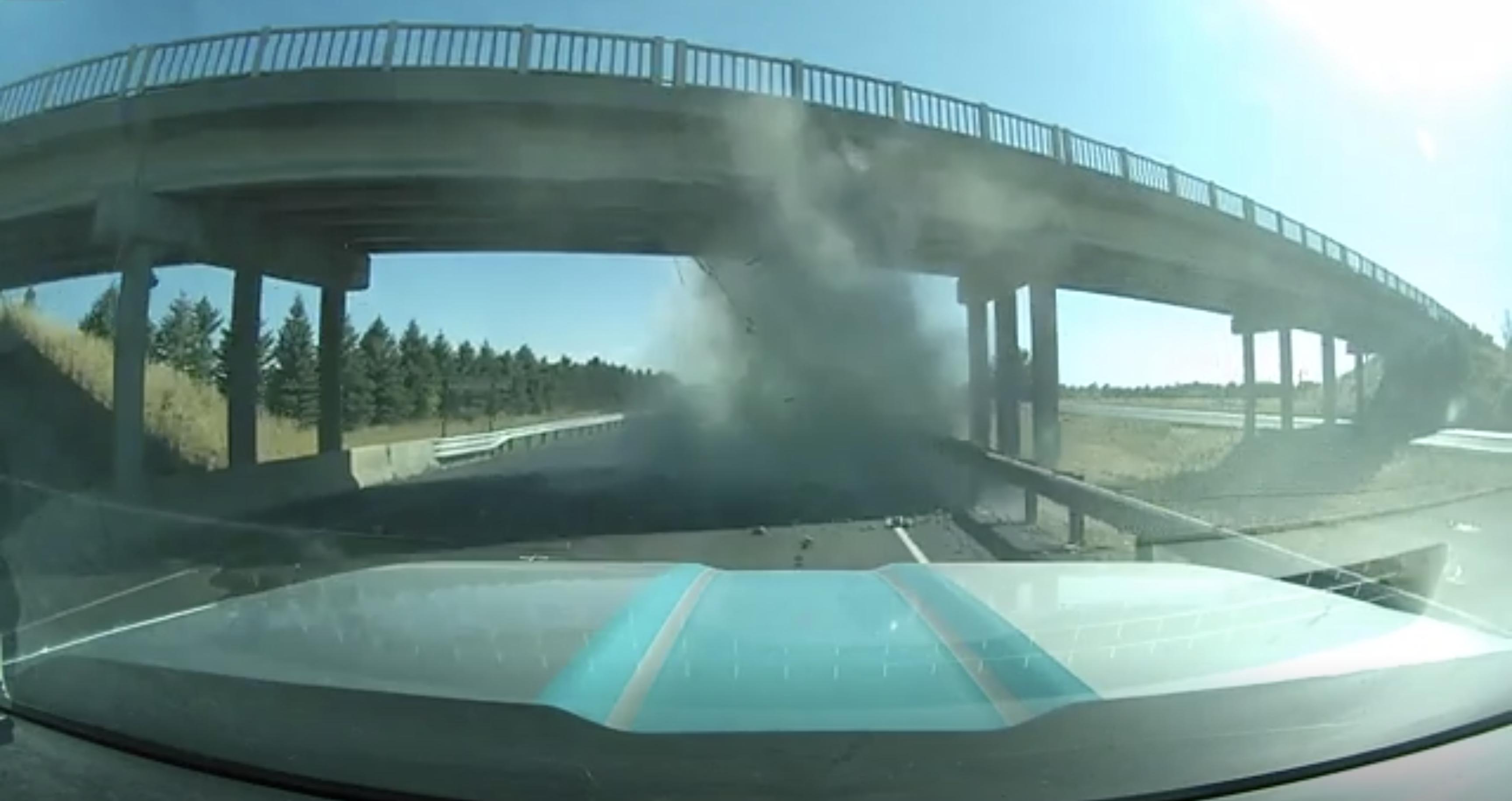 Dashcam footage shows a semitruck hitting the Porterville Road Bridge in Idaho, Tuesday. Tabitha La Fountaine Farley, who was driving, described the experience of being behind the semitruck on Thursday.