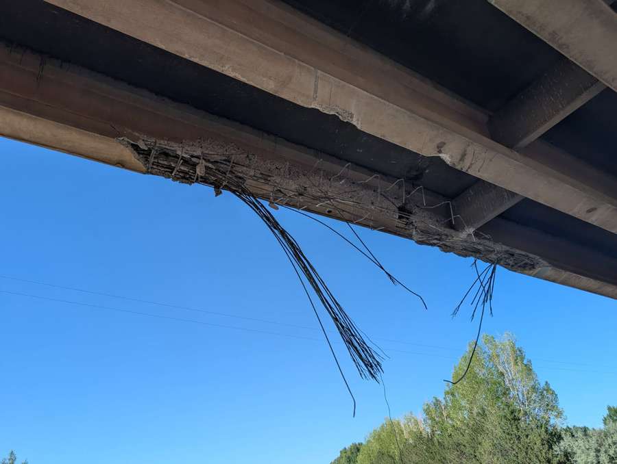 Damage to the Porterville Road Bridge, Tuesday. The Idaho Department of Transportation closed the bridge until further notice after a semitruck hit the bridge.