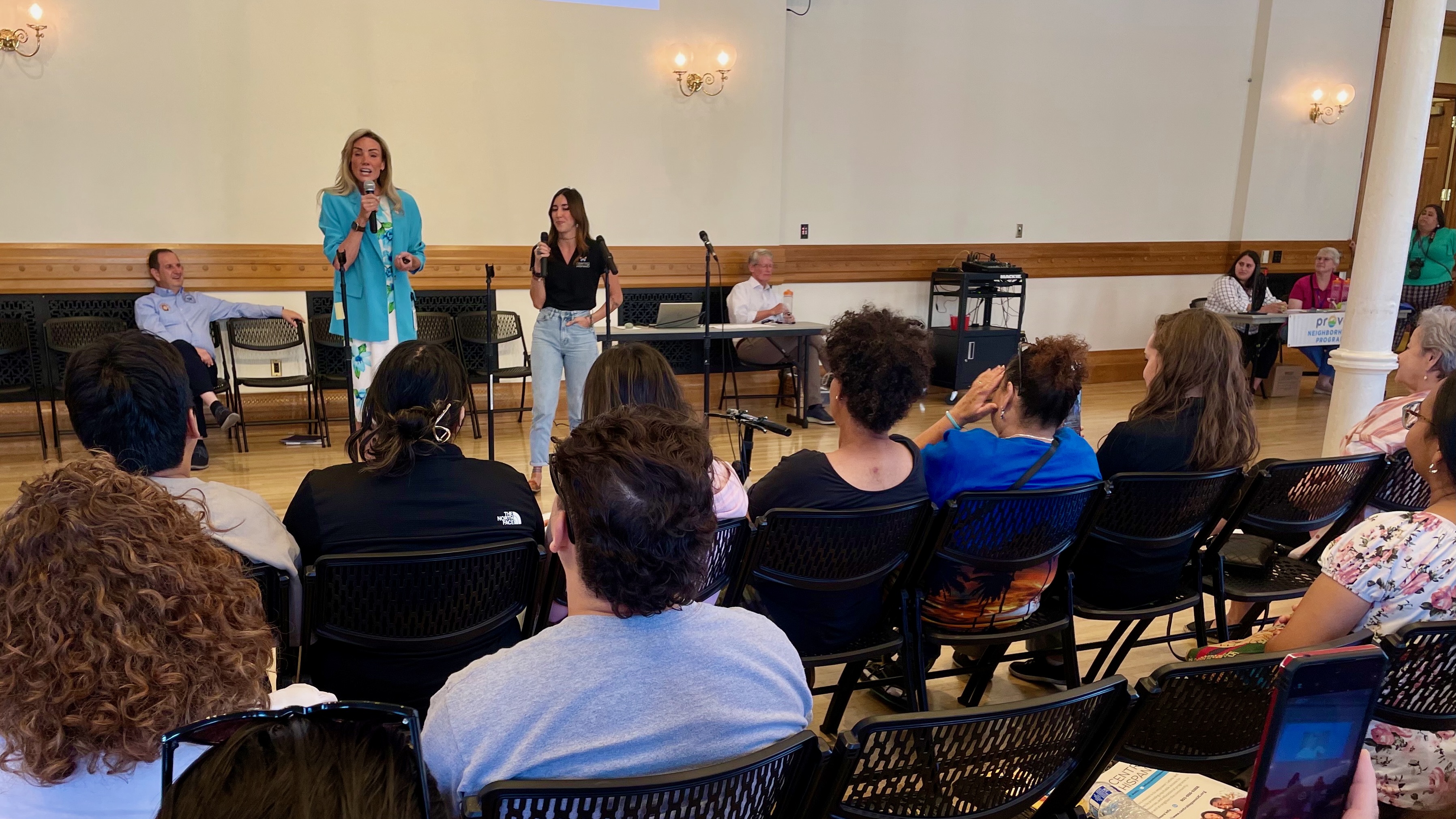 Provo Mayor Michelle Kaufusi, left, addresses a gathering on Thursday, Aug. 7, 2025, at the Provo City Library meant to encourage increased civic involvement among the city's Latino and Spanish-speaking populations.