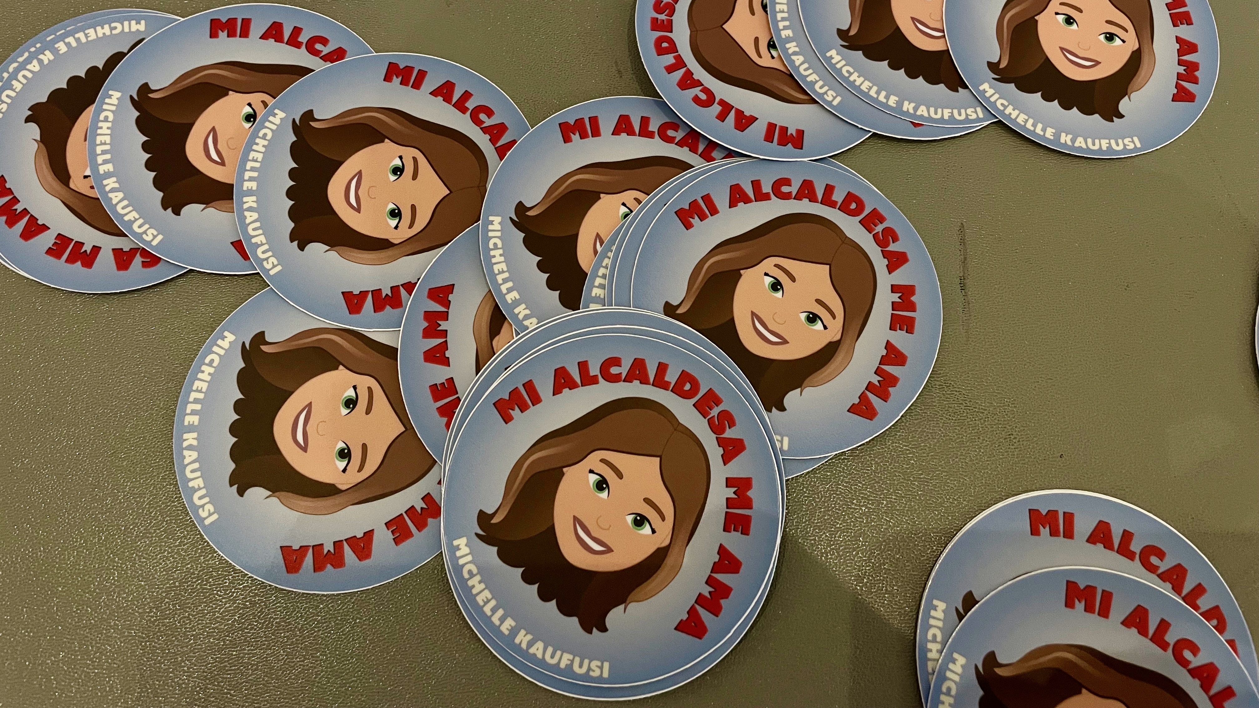 Spanish-language stickers read "My mayor loves me" at a gathering on Thursday at the Provo City Library meant to encourage increased civic involvement among the city's Latino and Spanish-speaking populations.