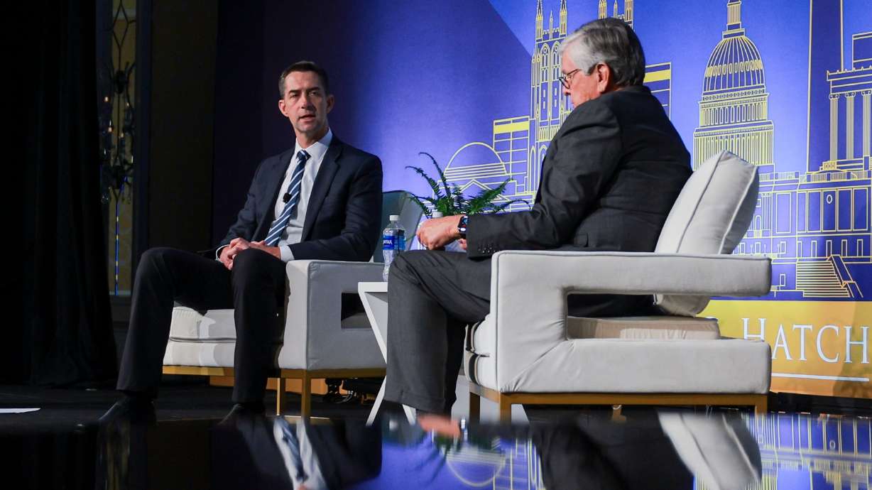 Sen. Tom Cotton, R-Ark., at a special gala of the Orrin G. Hatch Foundation at Salt Lake City's Grand America on Thursday. Cotton said the United States must be prepared to go to war with China if it wants to prevent an invasion of Taiwan.