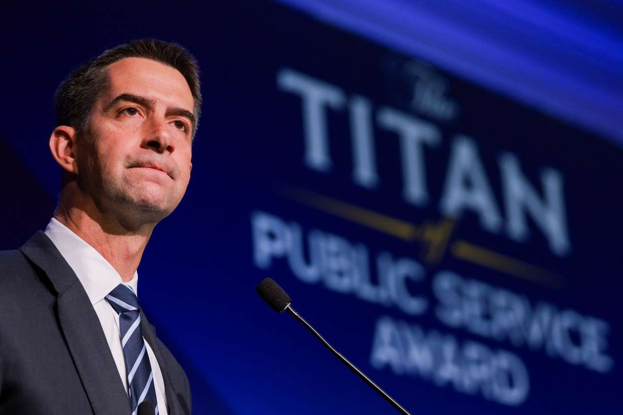 Arkansas Sen. Tom Cotton speaks after receiving the Titan of Public Service Award at Salt Lake City's Grand America on Thursday. Cotton told attendees the U.S. must be prepared for war with China.