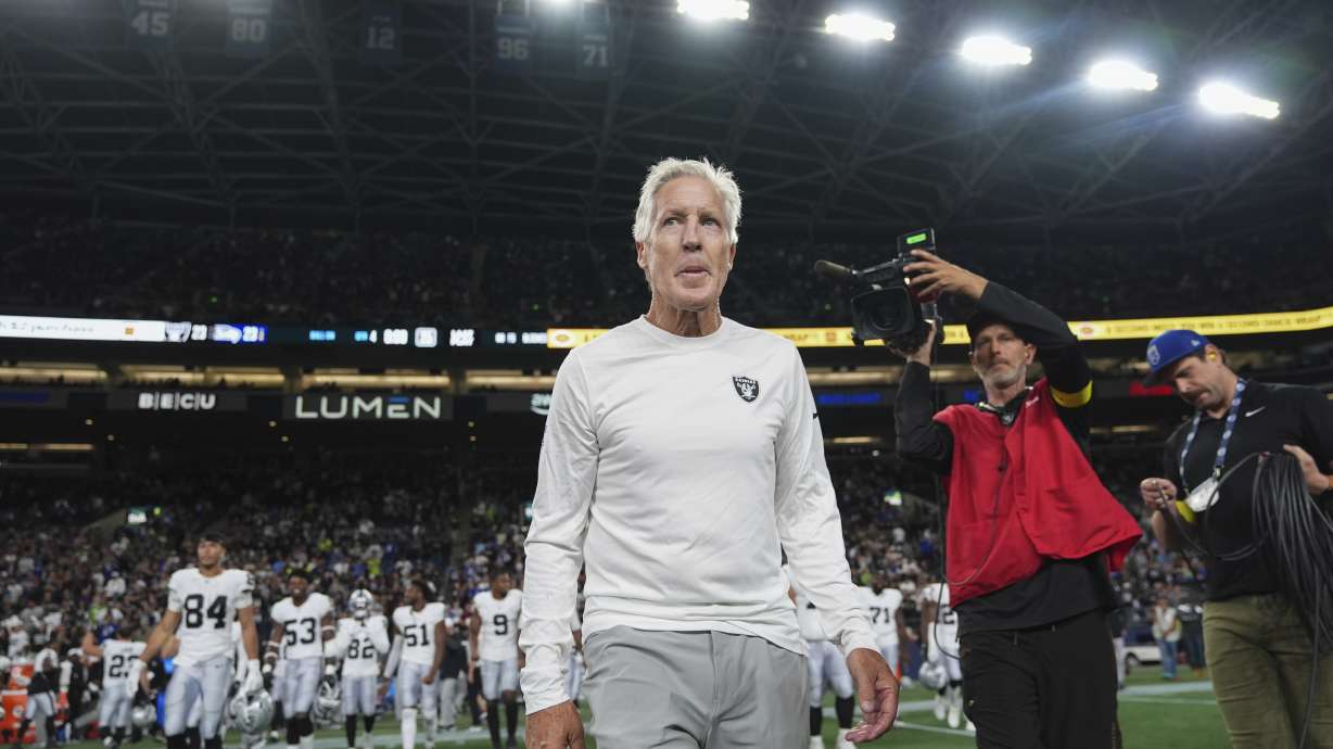 Las Vegas Raiders head coach Pete Carroll leaves the field after an NFL preseason football game against the Seattle Seahawks, Thursday, Aug. 7, 2025, in Seattle.