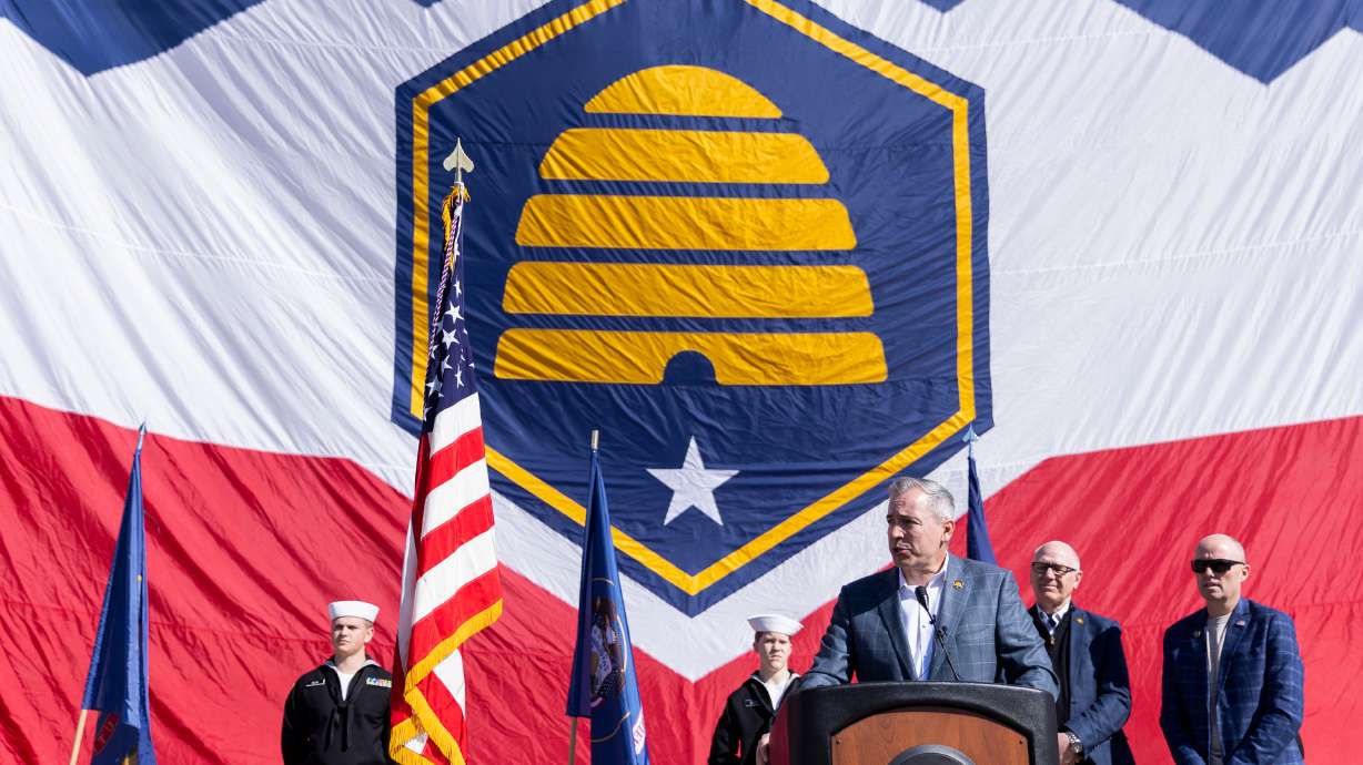 Sen. Daniel McCay, R-Riverton, celebrates Utah's new state flag in Salt Lake City on March 9, 2024. Utah has one of the most confusing state demonyms, according to an online analysis.