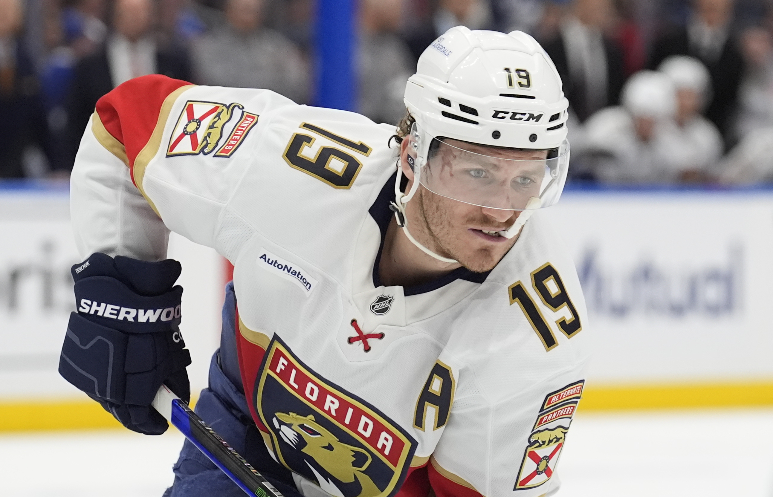 FILE - Florida Panthers left wing Matthew Tkachuk (19) against the Tampa Bay Lightning during the first period in Game 5 of an NHL hockey Stanley Cup first-round playoff series, April 30, 2025, in Tampa, Fla.