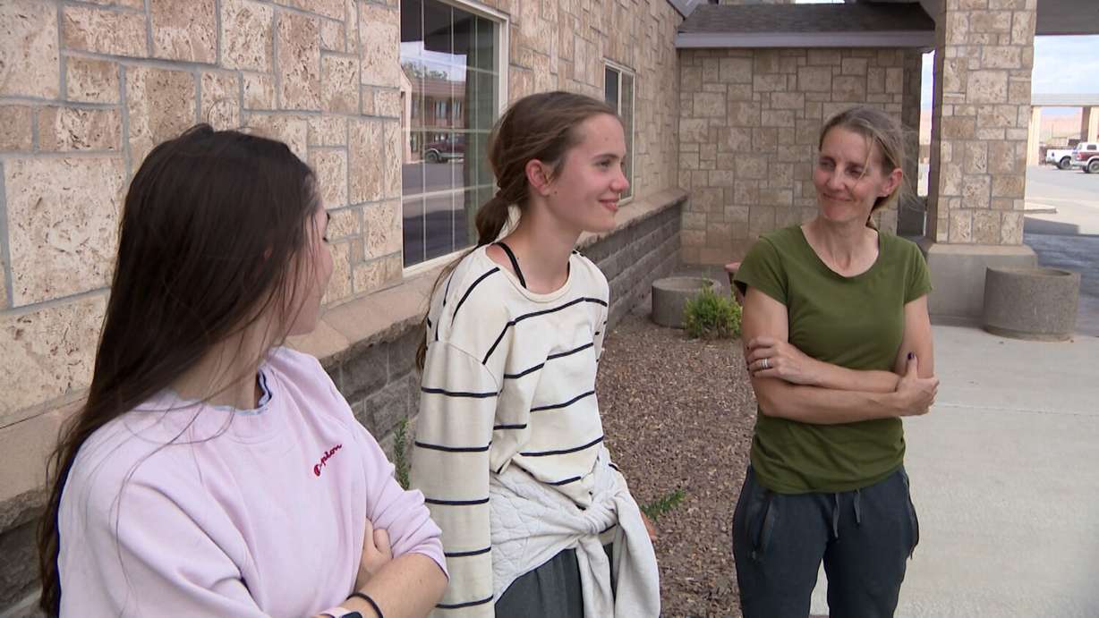 Maya Suisse, center, with her mother and sister during an interview with KSL-TV on Friday, Aug. 8, 2025. The 14-year-old from Cache Valley went missing for over 24 hours while backpacking in the Uinta Mountains with her family. She was found by a helicopter crew on Friday afternoon.