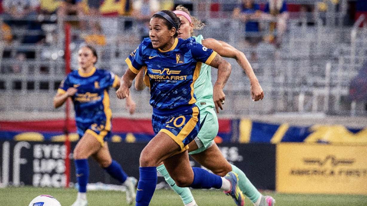 Utah Royals forward Aisha Solorzano, middle, outruns Kansas City defenders at America First Field.
