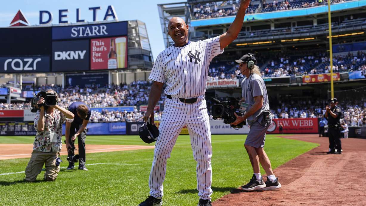 Former New York Yankees' Mariano Rivera (42) enters the Yankees Old-Timers' Day ceremony before a baseball game against the Houston Astros, Saturday, Aug. 9, 2025, in New York.
