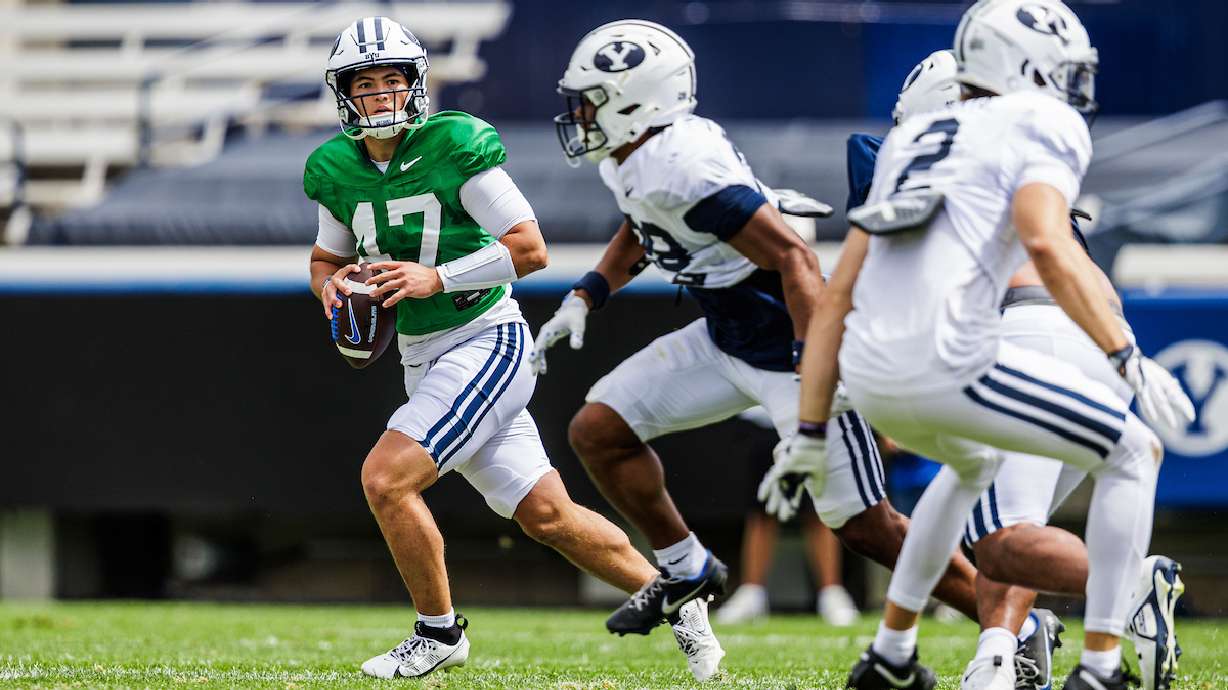 BYU quarterback Bear Bachmeier looks to throw during a scrimmage Aug. 9, 2025 at LaVell Edwards Stadium in Provo, Utah.