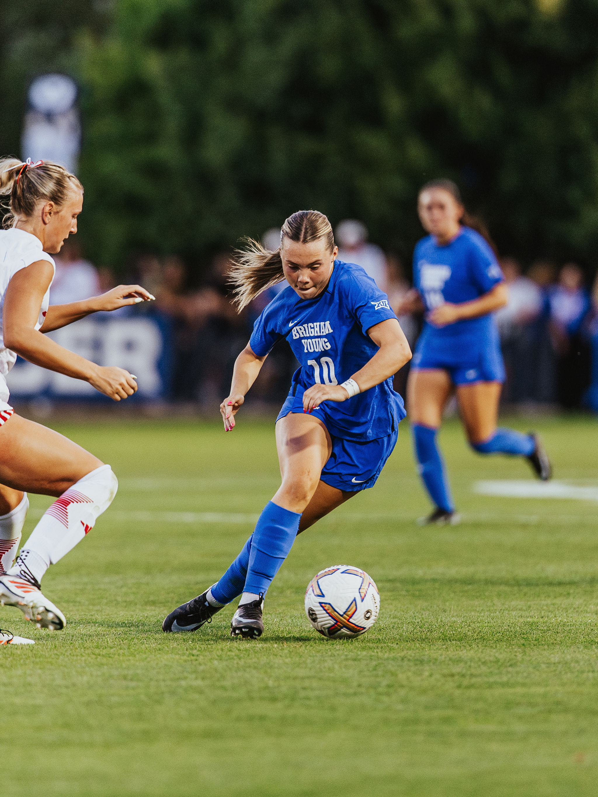 BYU forward Sophie Sivulich goes toward goal during a 4-1 exhibition win over Southern Utah, Wednesday, Aug. 6, 2025 at South Field in Provo, Utah.