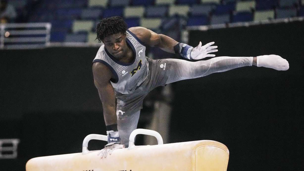 Frederick Richard of the University of Michigan competes on the pommel horse during the senior men's finals of the U.S. Gymnastics Championships in New Orleans, Saturday, Aug. 9, 2025.