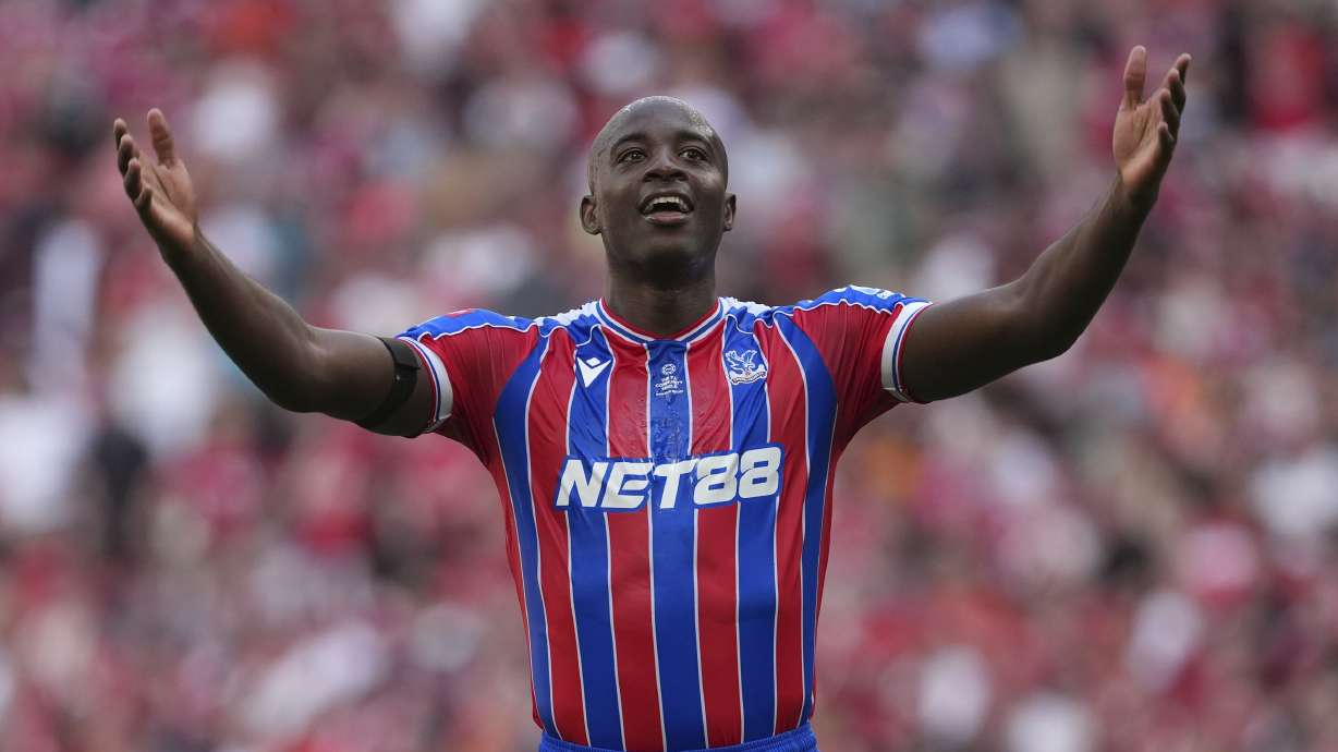 Crystal Palace's Jean-Philippe Mateta reacts after a goal during the FA Community Shield final soccer match between Liverpool and Crystal Palace at Wembley Stadium in London,Sunday, Aug. 10, 2025.
