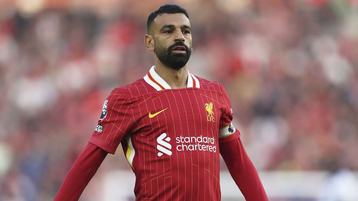 FILE - Liverpool's Mohamed Salah during the English Premier League soccer match between Brighton and Liverpool at American Express Stadium in Brighton, England, Monday, May 19, 2025.