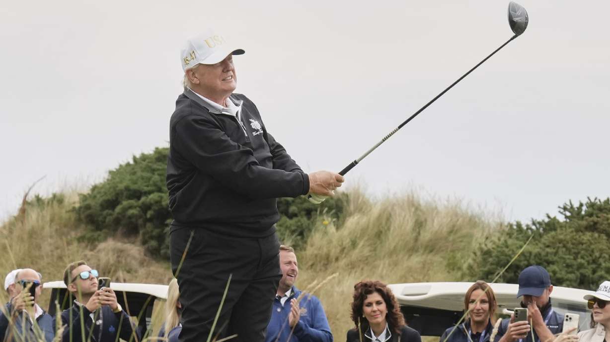 United States President Donald Trump tees off during the opening ceremony for the Trump International Golf Links golf course, near Aberdeen, Scotland, July 29, 2025.