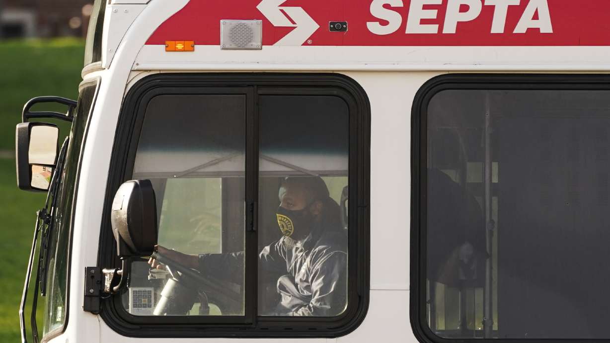 FILE - A Southeastern Pennsylvania Transportation Authority bus (SEPTA) is driven on Market Street in Philadelphia, Oct. 22, 2021.