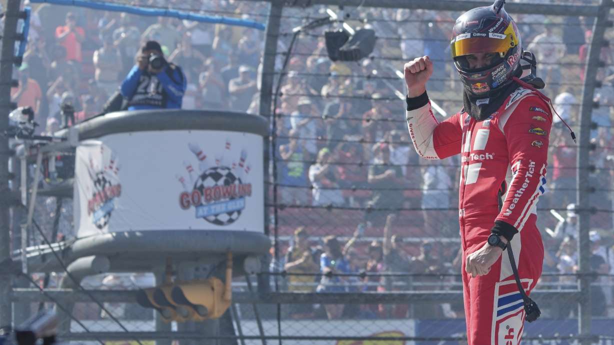 Shane van Gisbergen (88) reacts after finishing first during a NASCAR Cup Series auto race in Watkins Glen, N.Y., Sunday, Aug. 10, 2025.