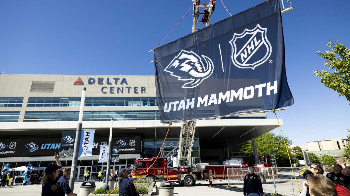 A Utah Mammoth sign at the Delta Center in Salt Lake City on May 7. Salt Lake City and Smith Entertainment Group are nearing a new lease agreement over the arena that sits on Salt Lake City Community Reinvestment Agency land.