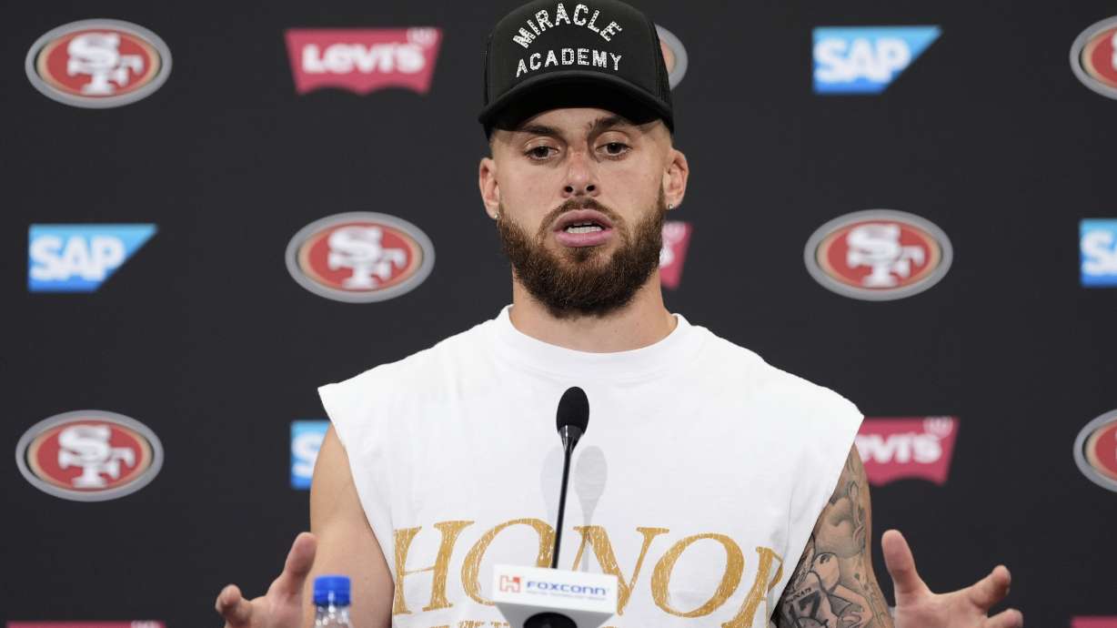 San Francisco 49ers wide receiver Ricky Pearsall speaks during a press conference after practice at the team's NFL football training camp, Thursday, July 31, 2025, in Santa Clara, Calif.