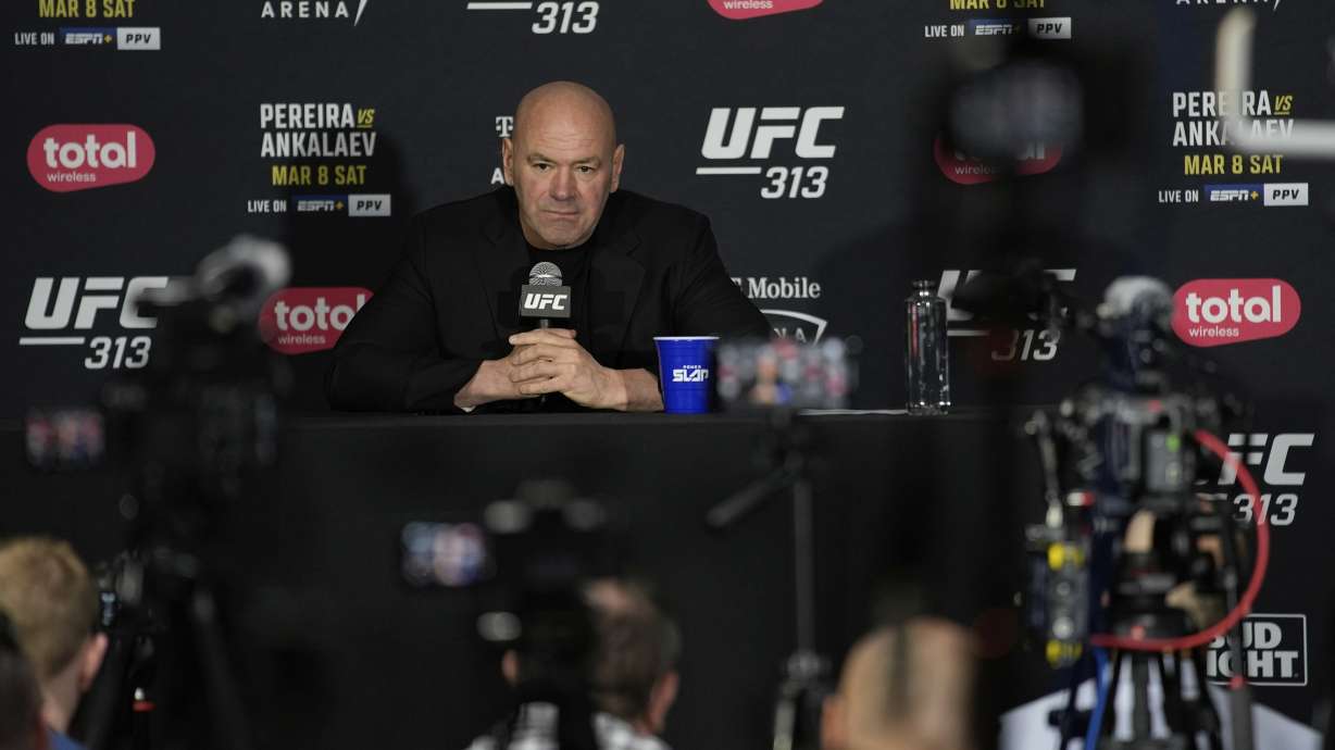 FILE - Dana White, CEO of the Ultimate Fighting Championship, speaks during a news conference following the UFC 313 mixed martial arts event Saturday, March 8, 2025, in Las Vegas.