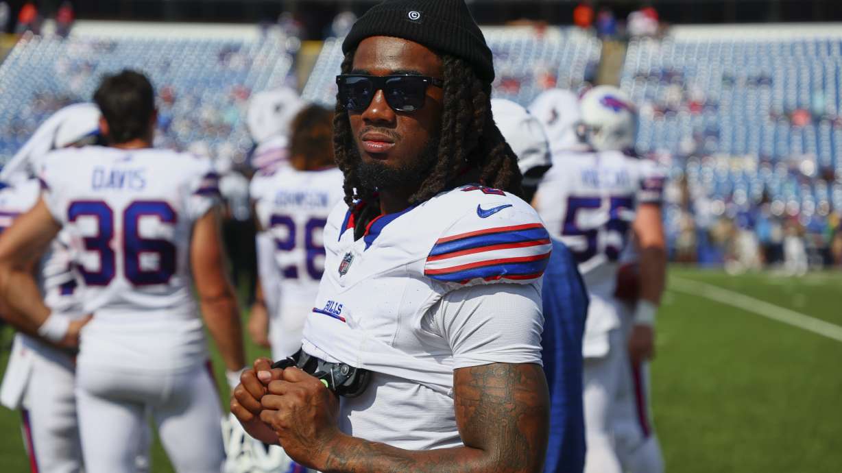 Buffalo Bills' James Cook stands on the sidelines during the second half of an NFL preseason football game against the New York Giants Saturday, Aug. 9, 2025, in Orchard Park, N.Y.