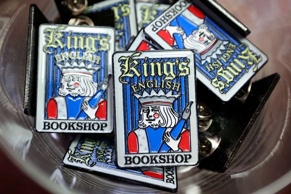 Pins at The King’s English Bookshop in Salt Lake City on July 22. Anne Holman became one of the owners of the Bookshop in 2014.