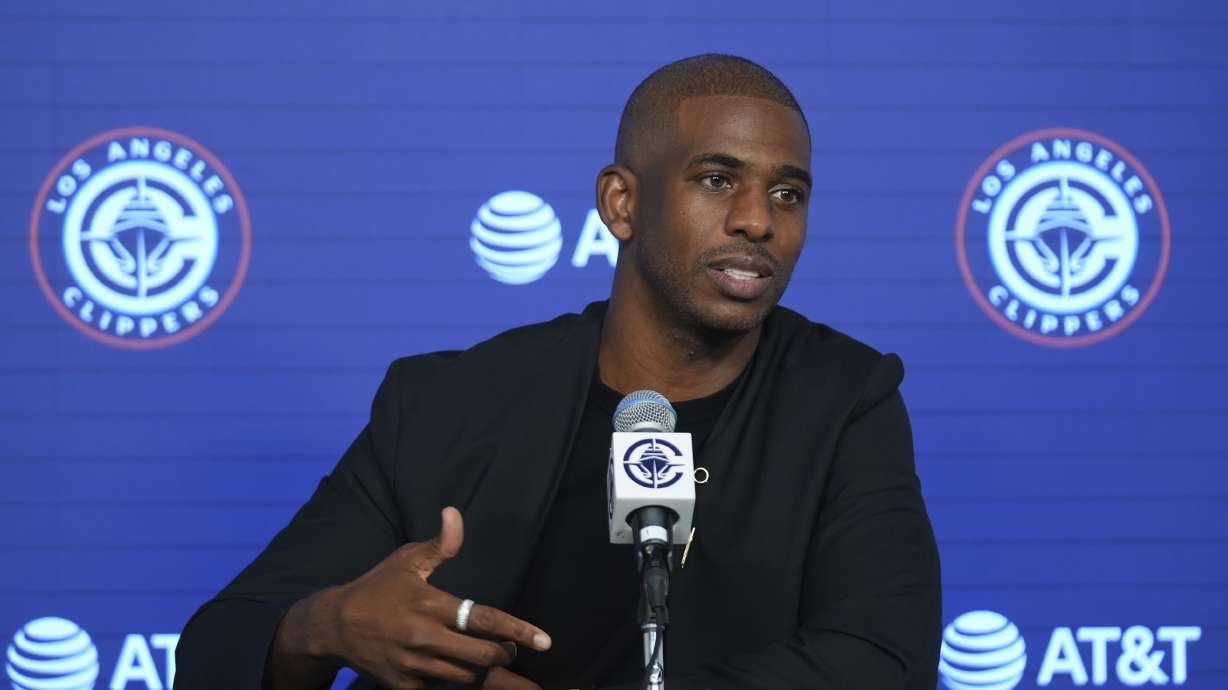 Chris Paul is introduced as the newest member of the Los Angeles Clippers during a basketball news conference at Intuit Dome in Inglewood, Calif., Monday, July 28, 2025.