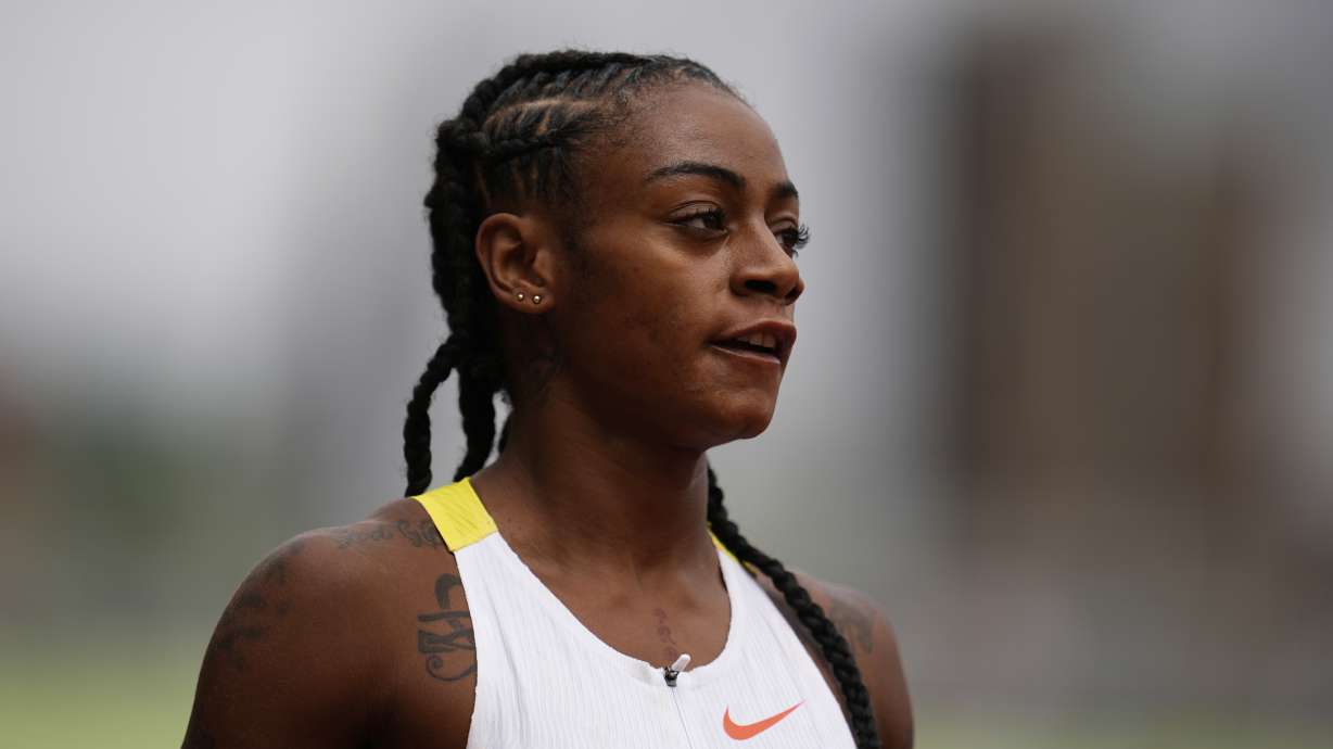 Sha'Carri Richardson reacts after the first heat of the women's 200-meter semifinal at the U.S. Championships athletics meet in Eugene, Ore., Sunday, Aug. 3, 2025.