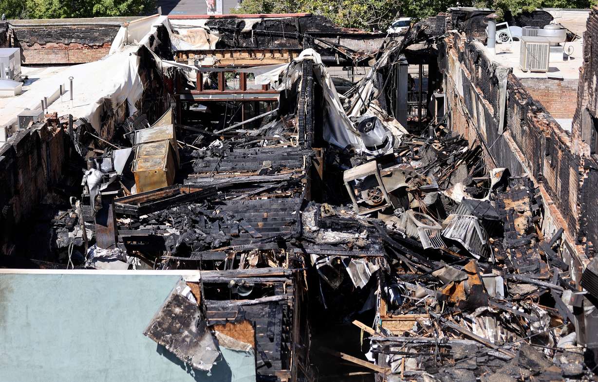 The scene of a structure fire that damaged or destroyed five businesses on the 300 South block of Main Street on Aug. 11, 2025, is pictured in downtown Salt Lake City on Aug. 12, 2025.