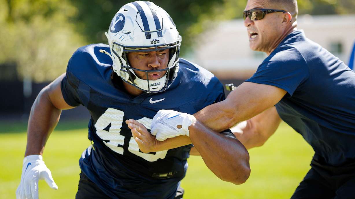 BYU defensive end Bodie Schoonover (48) practices during training camp, Monday, Aug. 11, 2025 in Provo, Utah.