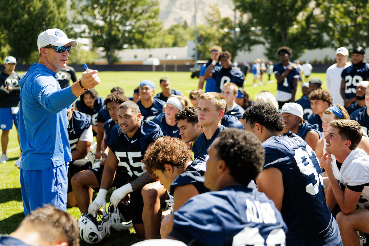 BYU defensive coordinator Jay Hill speaks with the team after practice, Friday, Aug. 8, 2025 in Provo, Utah.