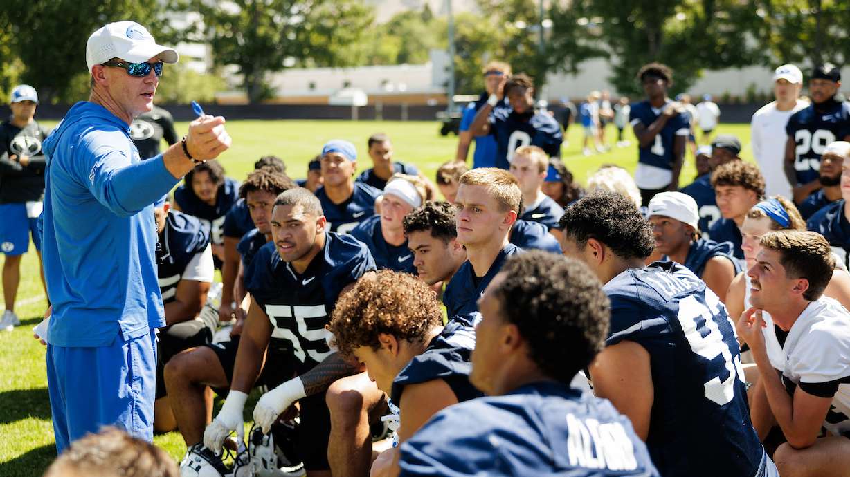 BYU defensive coordinator Jay Hill speaks with the team after practice, Friday, Aug. 8, 2025 in Provo, Utah.