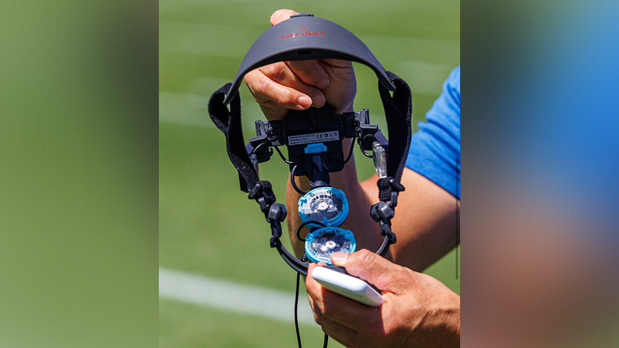 A Vielight headset. BYU football players participated in a light therapy study using these headsets; results showed increases in grip strength and mental speed, among other changes.