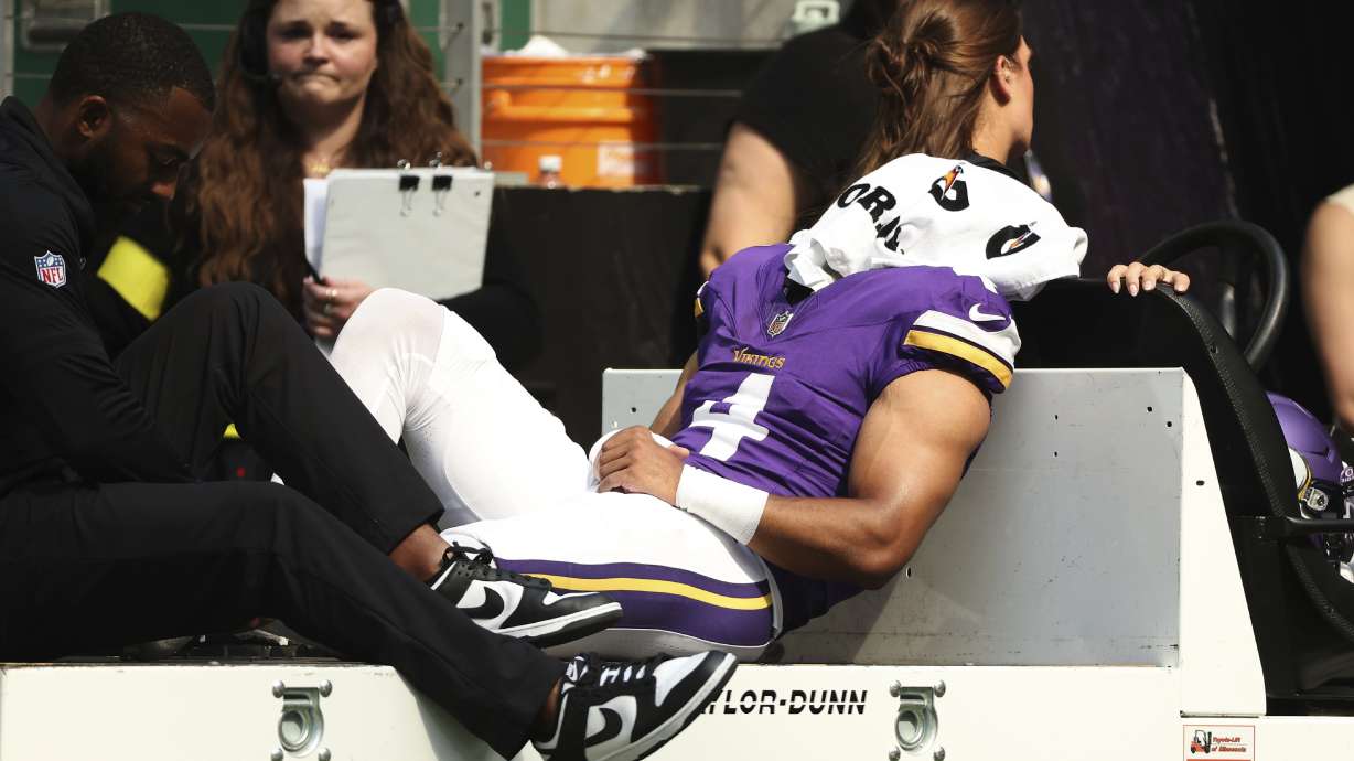 Minnesota Vikings wide receiver Rondale Moore (4) leaves the field after an injury during the first half of an NFL preseason football game against the Houston Texans, Saturday, Aug. 9, 2025, in Minneapolis.