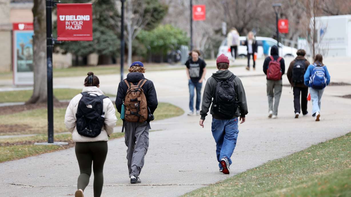 People walk through the University of Utah campus on March 13, 2024. The Utah System of Higher Education's board on Tuesday approved updated strategic reinvestment plans from the U., Utah State University and Weber State University.