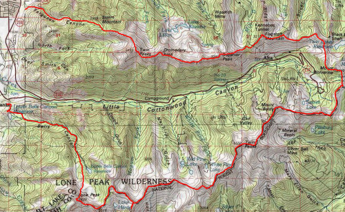 A topographic map of the Wasatch Ultimate Ridge Linkup, which traverses about 36 miles and more than 18,000 feet of elevation gain.