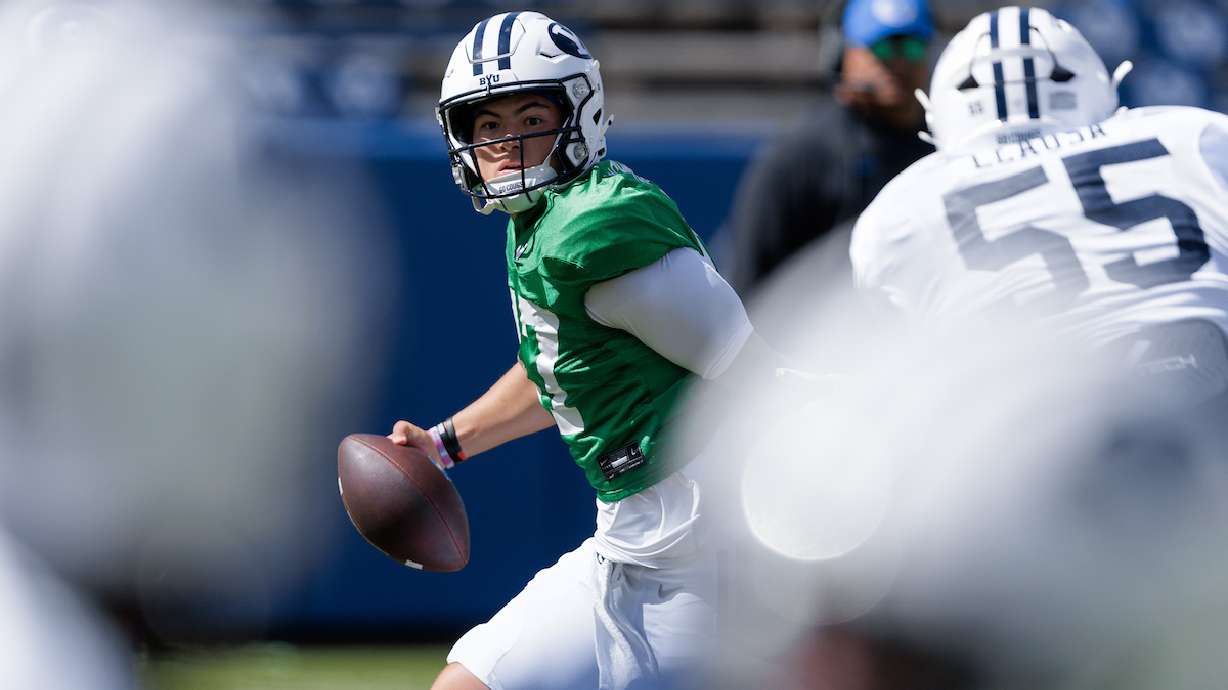 BYU quarterback Bear Bachmeier looks to pass during a scrimmage, Saturday, Aug. 9, 2025 at LaVell Edwards Stadium in Provo, Utah.