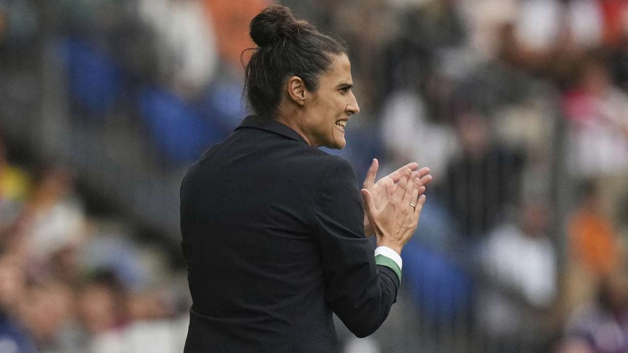 Spain head coach Montserrat Tome claps her hands during the Women's Euro 2025 final soccer match between England and Spain at St. Jakob-Park in Basel, Switzerland, Sunday, July 27, 2025.
