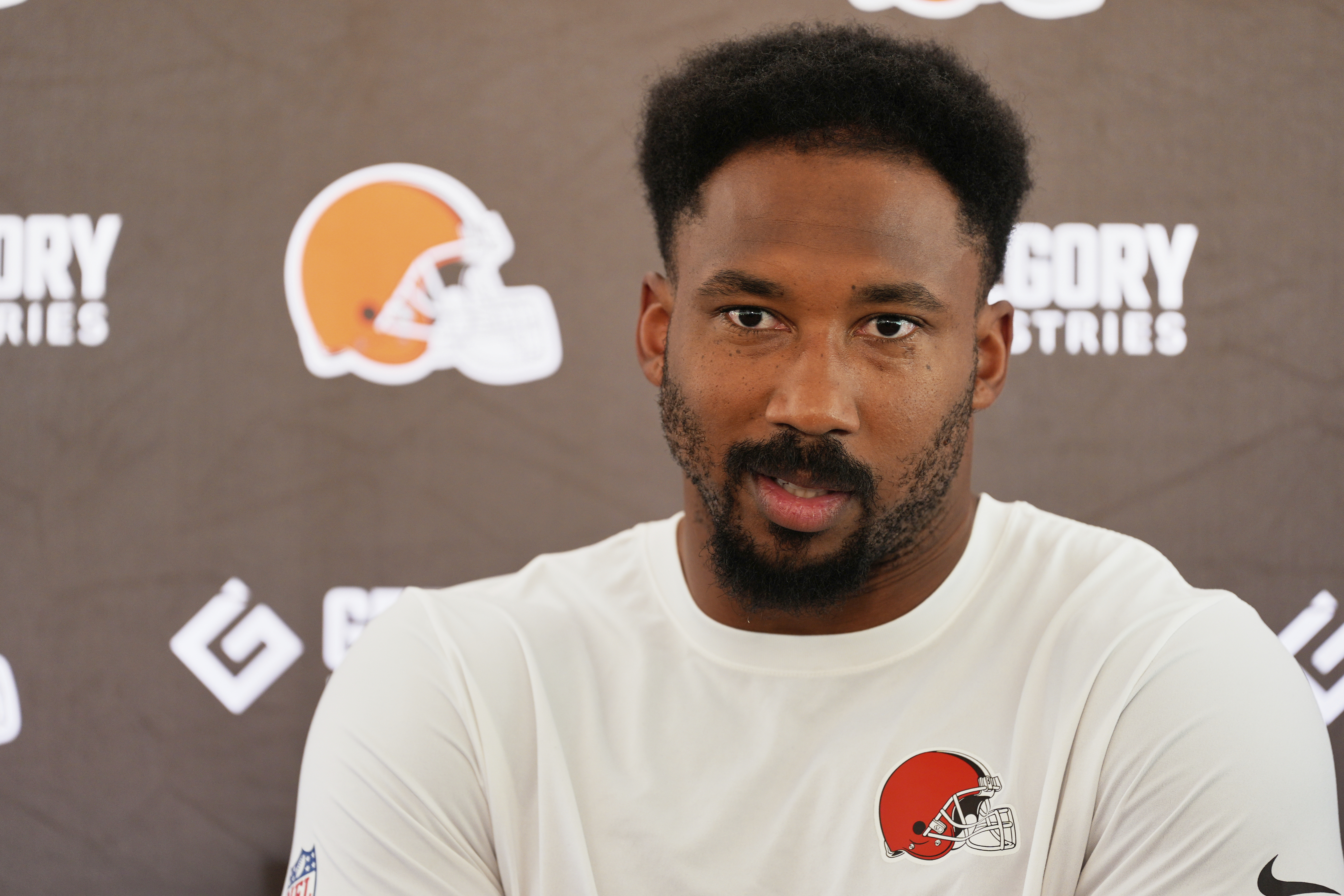Cleveland Browns defensive end Myles Garrett speaks during a news conference before practice at the team's NFL football training camp Wednesday, July 23, 2025, in Berea, Ohio.