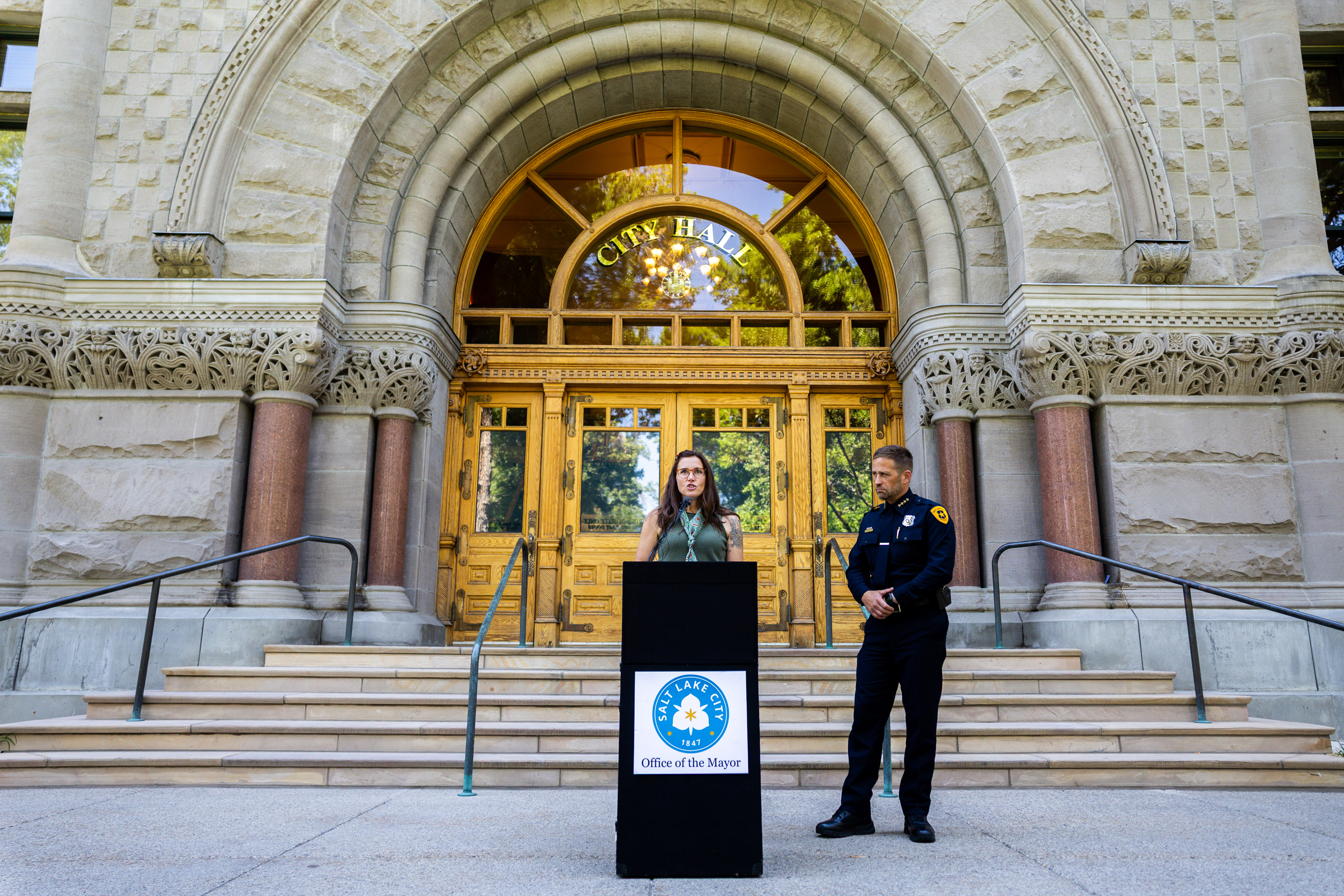 Salt Lake City Mayor Erin Mendenhall and Salt Lake City Police Chief Brian Redd address the media following the release of the Utah Office of Homeless Services 2025 Annual Report outside City Hall in Salt Lake City on Wednesday.
