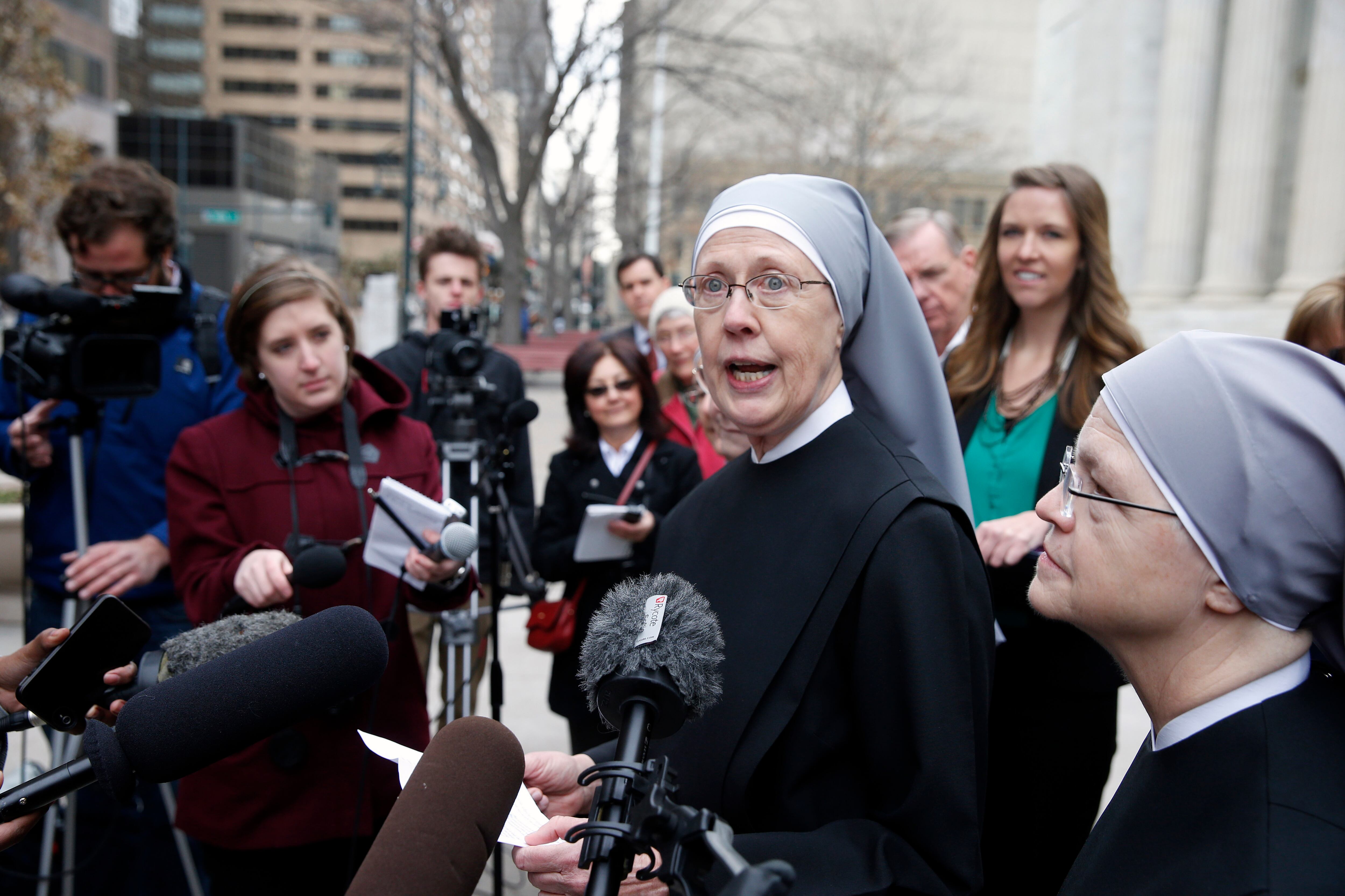 On Dec. 8, 2014, Sister Loraine Marie Maguire, of Little Sisters of the Poor, speaks to members of the media after attending a hearing in the 10th U.S. Circuit Court of Appeals, in Denver, Colo.