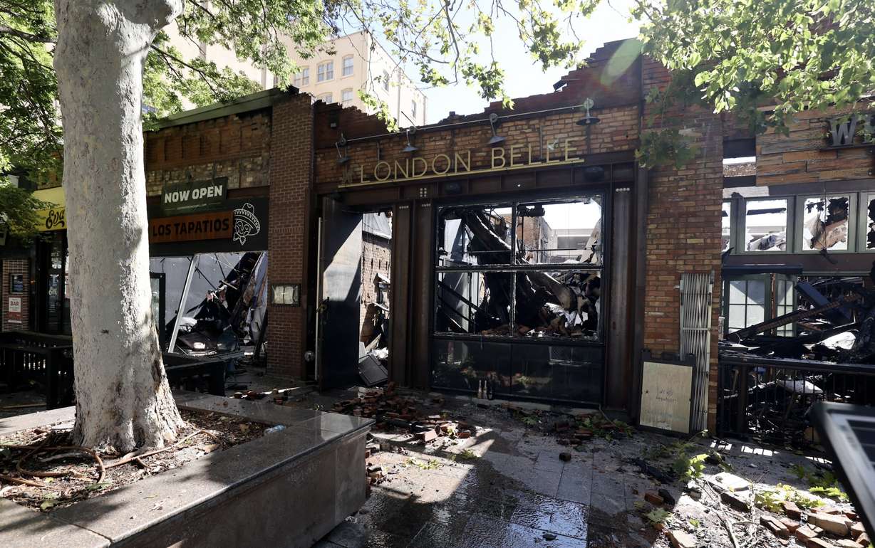 The scene of a structure fire that destroyed four businesses on the 300 South block of Main Street is pictured in downtown Salt Lake City on Aug. 12. Whiskey Street, White Horse, London Belle and Los Tapatios were all destroyed in the fire.