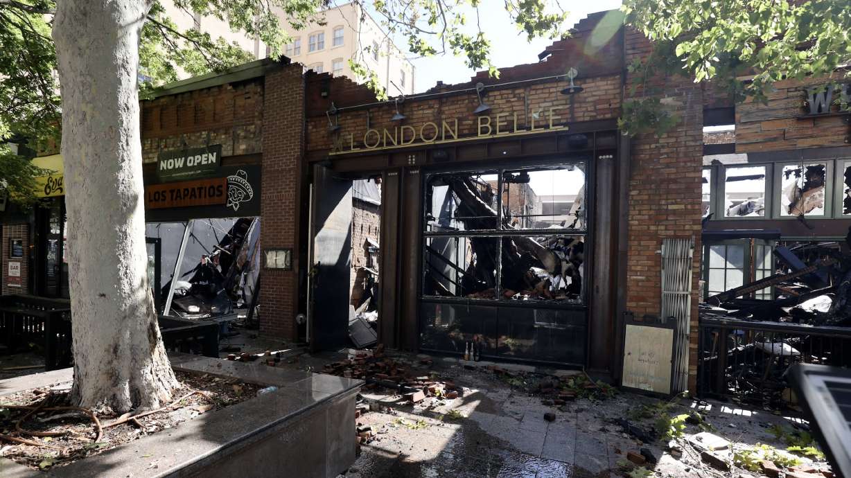 The scene of a fire that destroyed four businesses on the 300 South block of Main Street on Monday night in downtown Salt Lake City on Tuesday. Whiskey Street, White Horse, London Belle and Los Tapatios were all destroyed in the fire.
