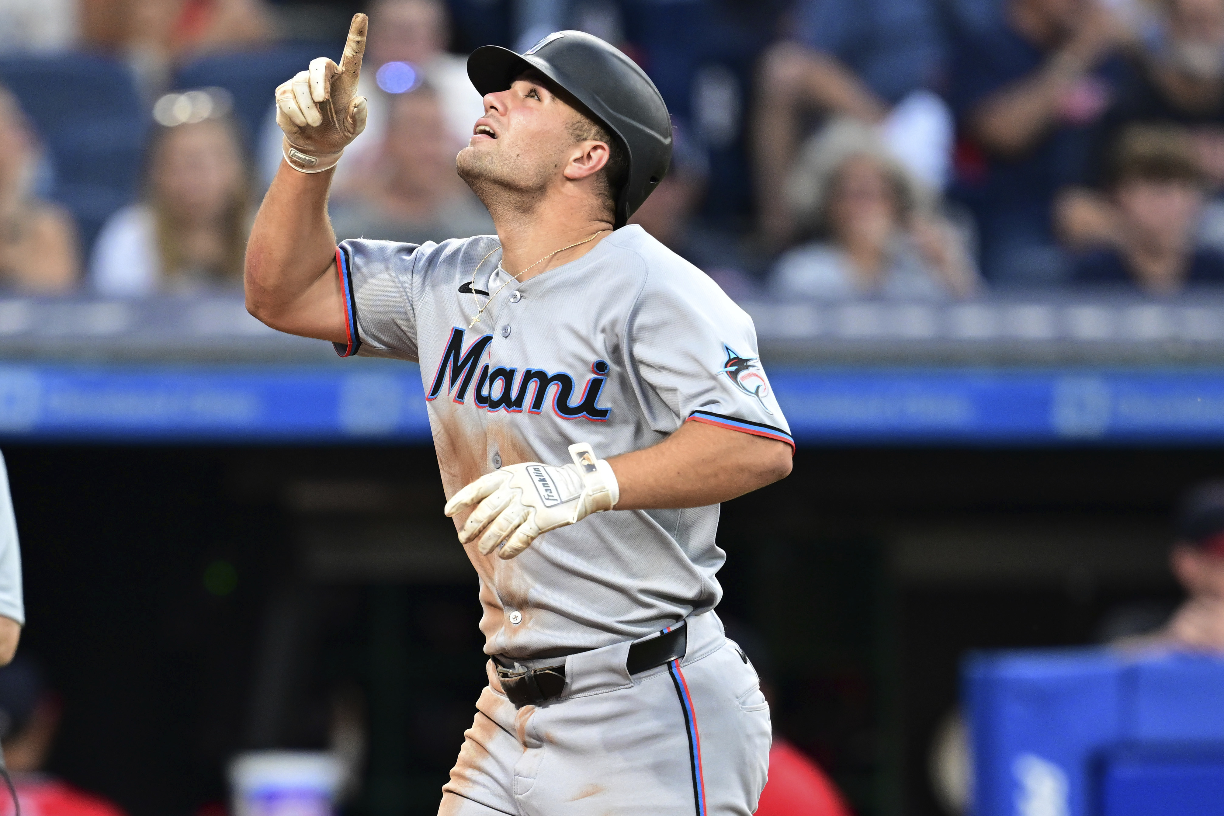 Miami Marlins' Jakob Marsee runs the bases after hitting a two-run home run off Cleveland Guardians relief pitcher Matt Festa during the fifth inning of a baseball game, Wednesday, Aug. 13, 2025, in Cleveland.