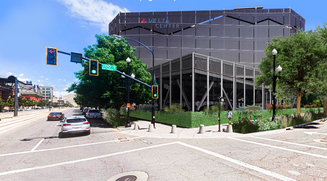 A rendering of a proposed seven-story parking garage outside of the Delta Center. The Salt Lake City Planning Commission voted Wednesday to give the project a favorable recommendation.