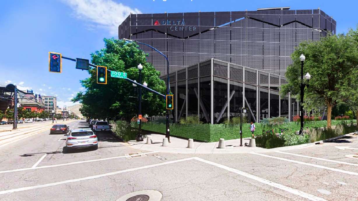 A rendering of a proposed seven-story parking garage outside of the Delta Center. The Salt Lake City Council voted Tuesday to approve the project.