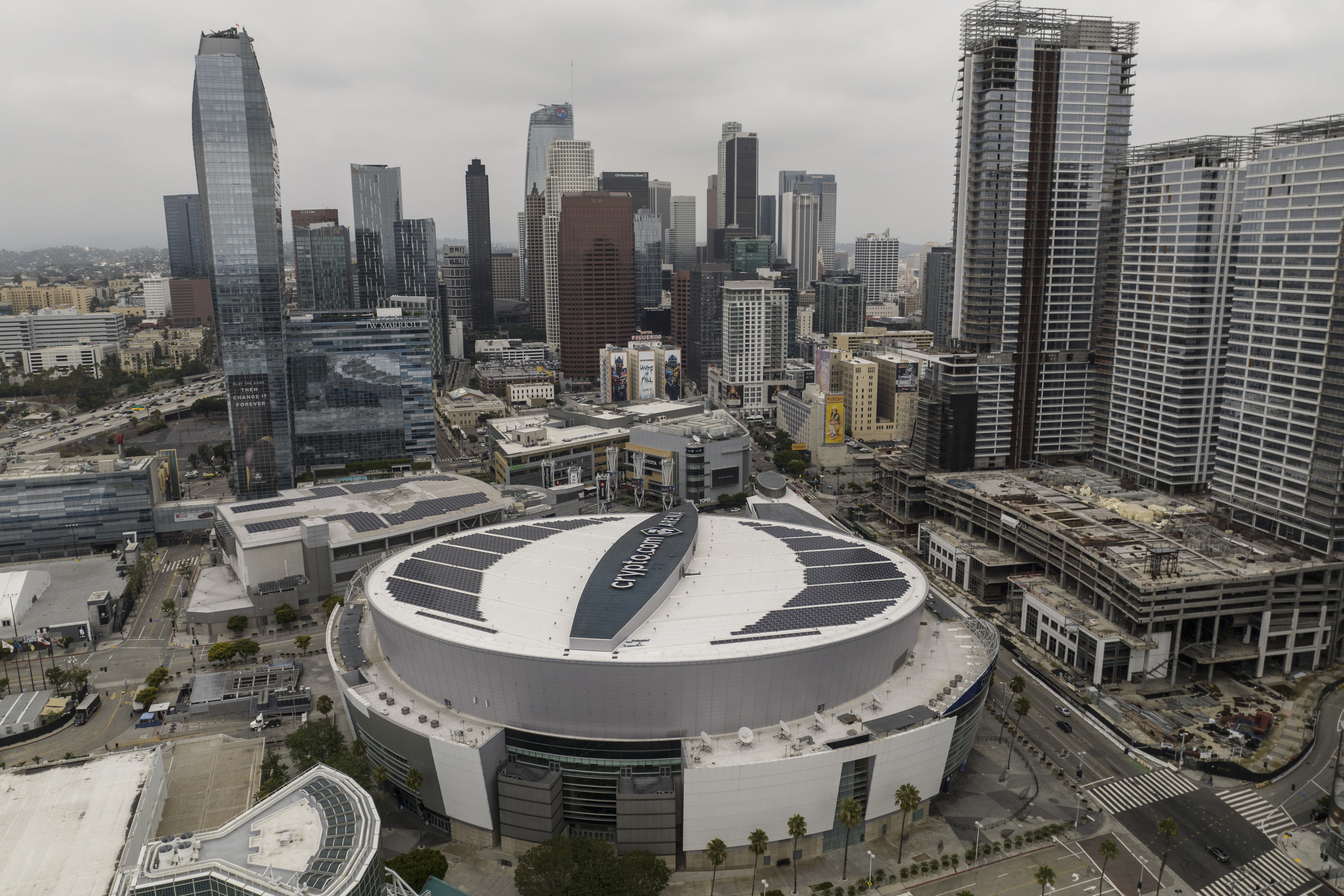 FILE - This aerial view show Crypto.com Arena in downtown Los Angeles, Tuesday, Sept. 5, 2023.