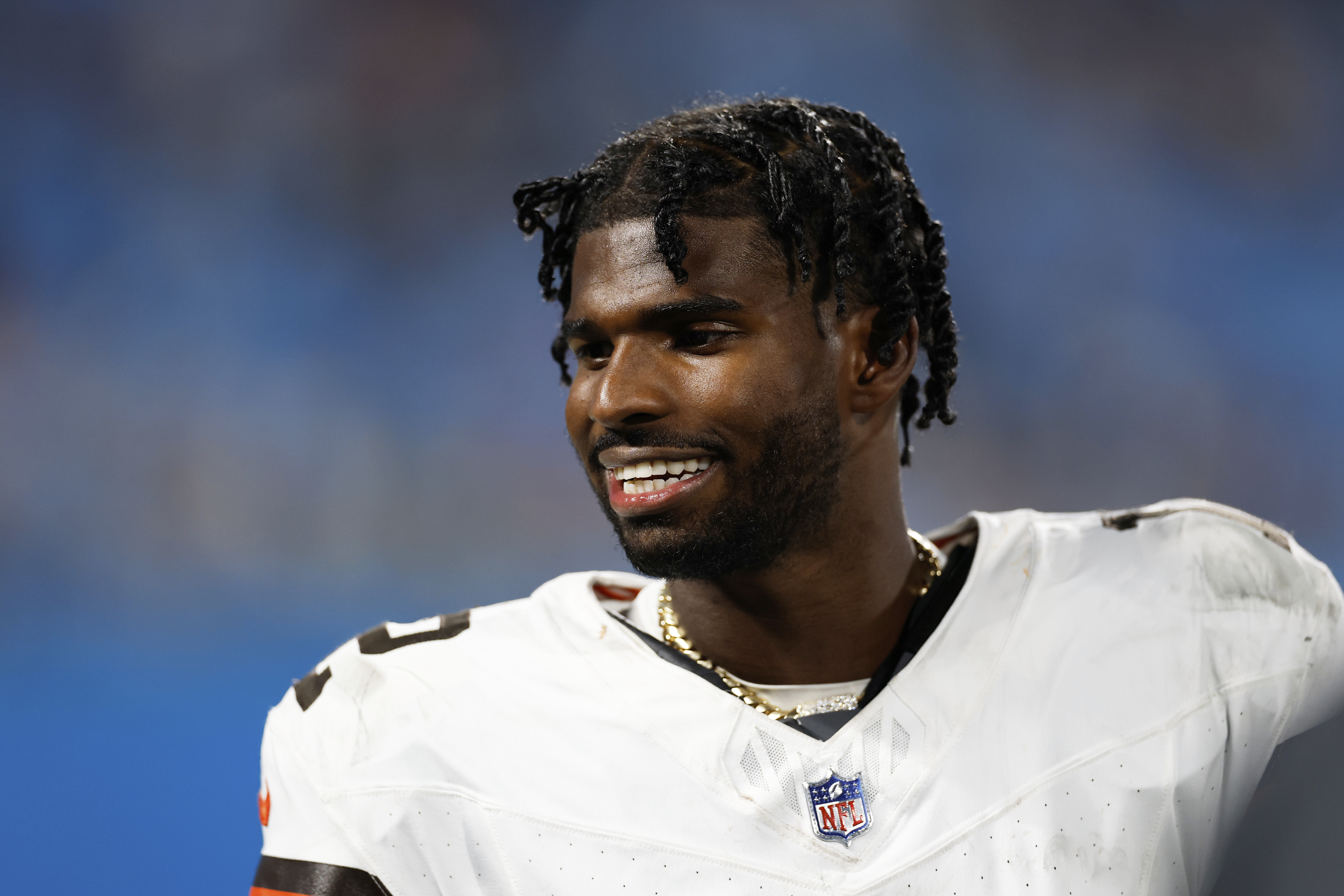 Cleveland Browns quarterback Shedeur Sanders watches during the first half of a preseason NFL football game against the Carolina Panthers on Friday, Aug. 8, 2025, in Charlotte, N.C.